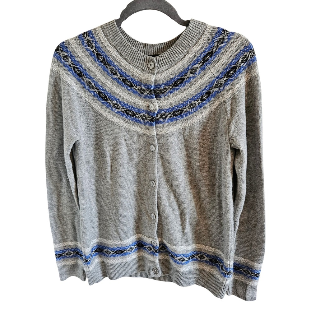 Talbots Women Grey Fair Isle Lambswool Blend Button Front Cardigan Sweater M